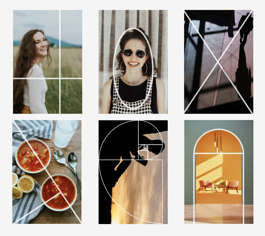 Different types of camera grid overlays: Rule of Thirds, Golden Ratio, and Custom Grids