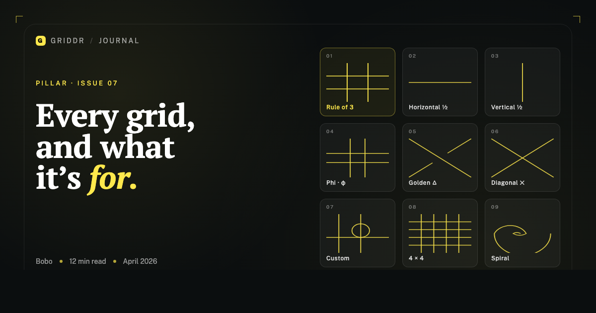 A typographic chart of composition grid types — rule of thirds, phi grid, golden triangle, diagonals, and more — laid out as a reference poster.