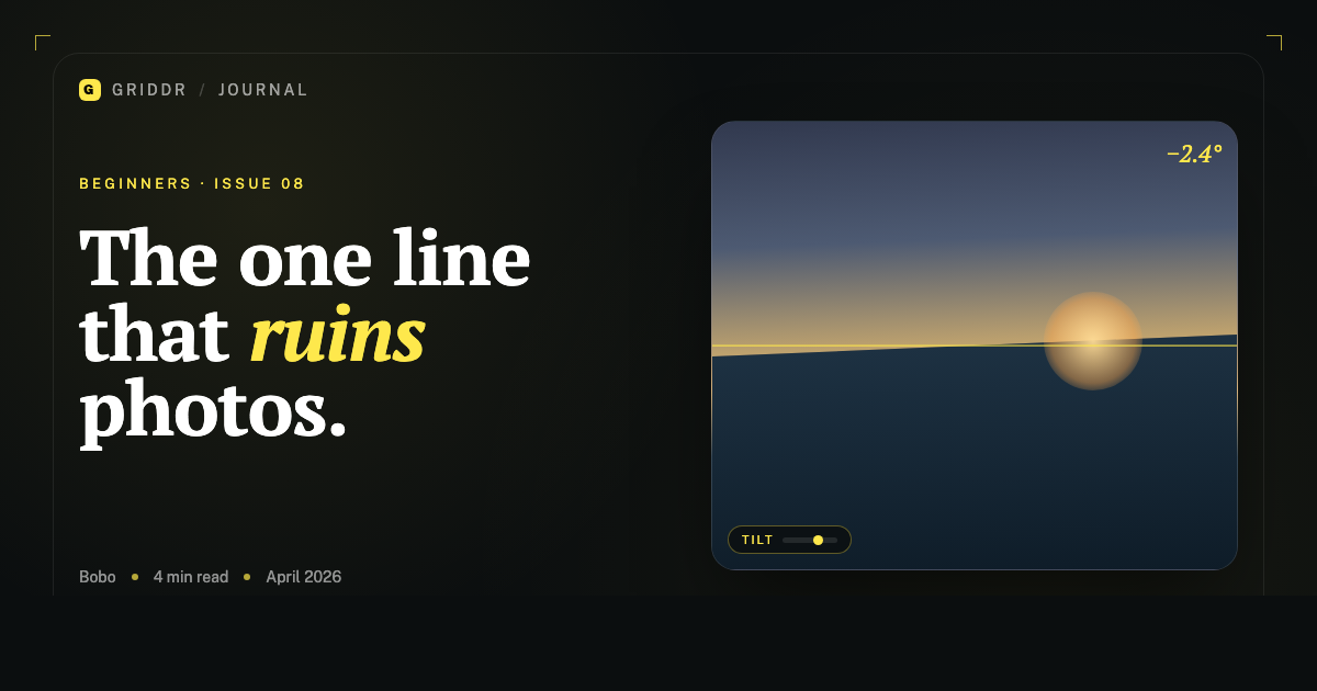 A landscape photo with a tilted horizon and a single horizontal grid line revealing the tilt.