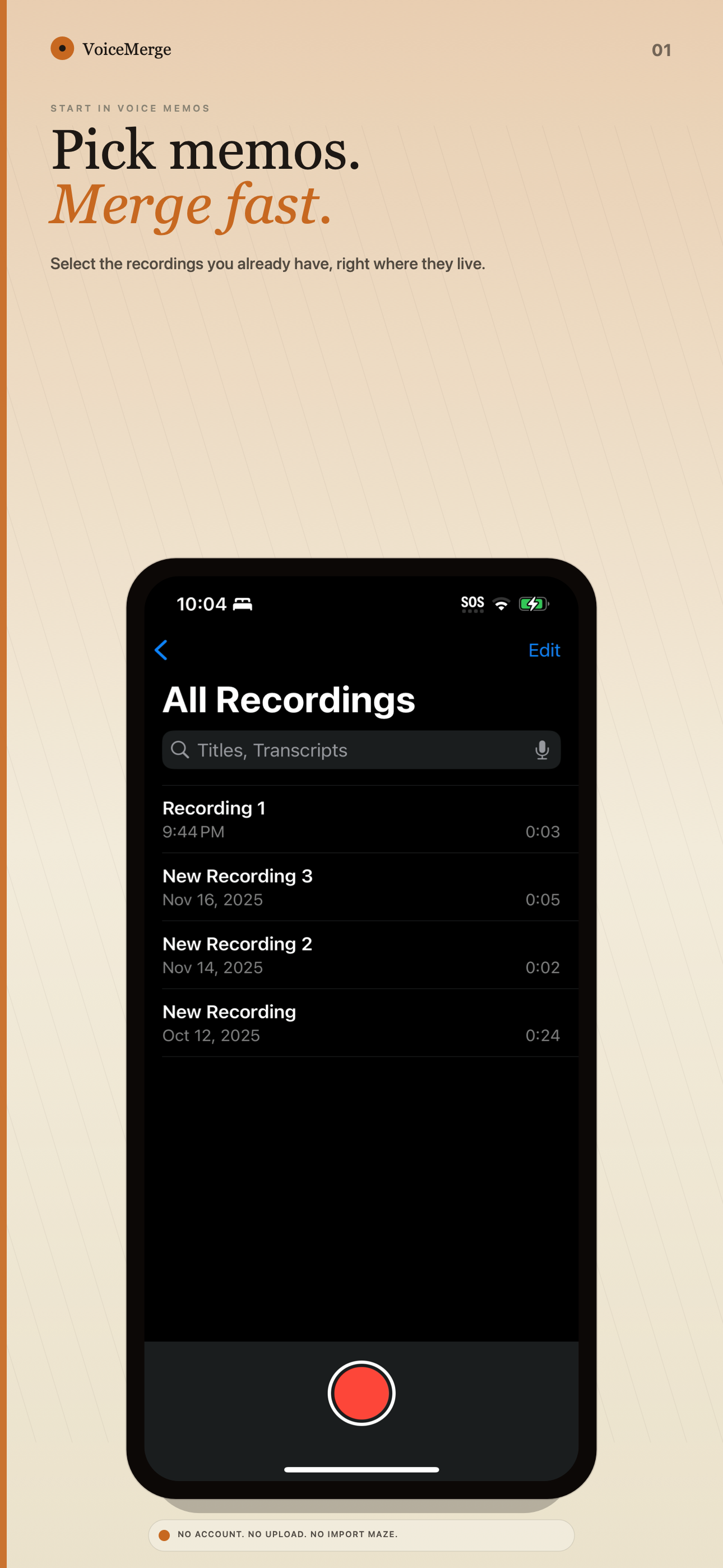 VoiceMerge start in Voice Memos screenshot